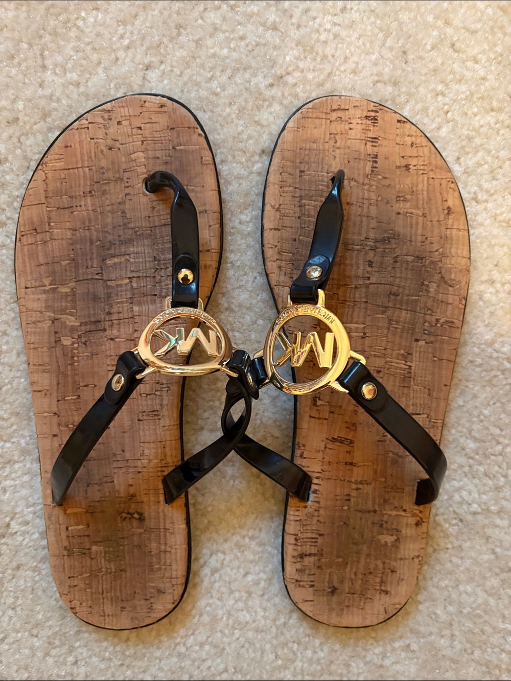 Michael Kors Black Strappy Sandals with Gold Logo Medallions